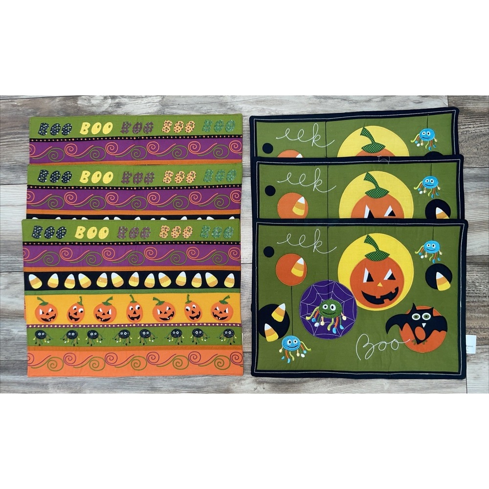 Kohl's Quilted Halloween Pumpkin Bat Placemats Cloth Set of 6 Multicolor